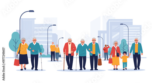 Group of active seniors and elderly couples walking together through a modern city landscape with tall buildings.