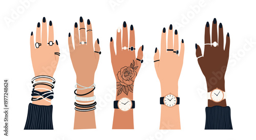 Row of five diverse hands displaying a variety of stylish jewelry including rings, watches, bracelets, and a tattoo.