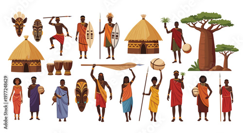 Extensive collection of African tribal illustrations including warriors, traditional huts, drums, masks, and nature elements.