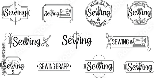 Sewing logo badge illustration collection, handmade vector artwork set, craft design graphic, workshop motif, flat vector illustration
