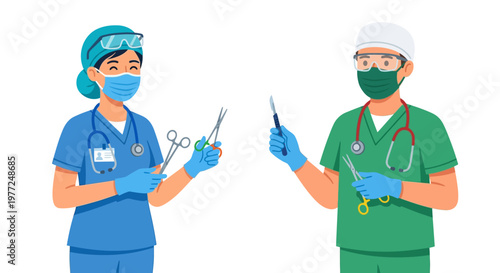 Two medical professionals a doctor and surgeon wearing protective gear