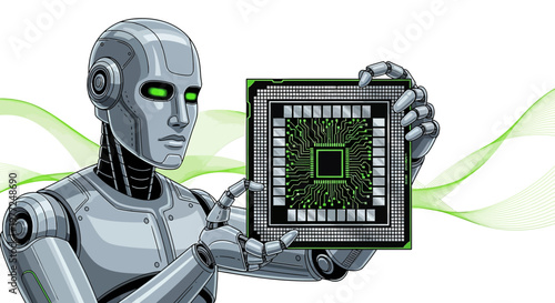 Advanced ai robot showcasing futuristic microchip technology with green circuitry design