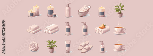 Spa relaxation decorative illustration collection, wellness vector artwork set, self-care design graphic, calm motif, flat vector illustration