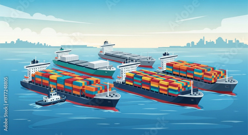 Cargo Ships Transporting Containers Across the Ocean.