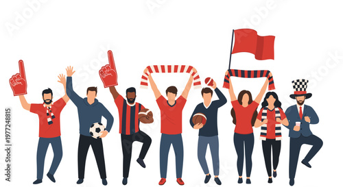 Enthusiastic group of sports fans cheer together while holding flags, foam fingers, and balls to support their favorite team.