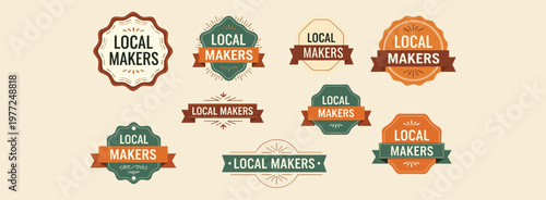 Flat vector illustration of Local Makers badges, vintage logos, handcrafted emblems, artisanal branding design elements
