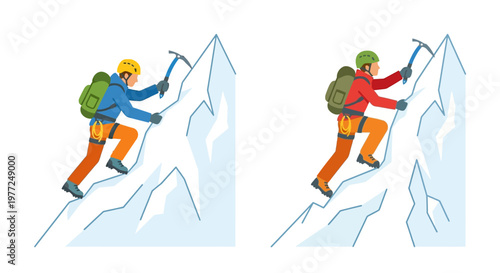 Two climbers ascending a steep snowy mountain face with ice axes