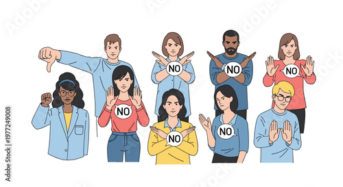 Group of diverse people expresses rejection and disagreement by making no gestures and holding speech bubbles with the word no.