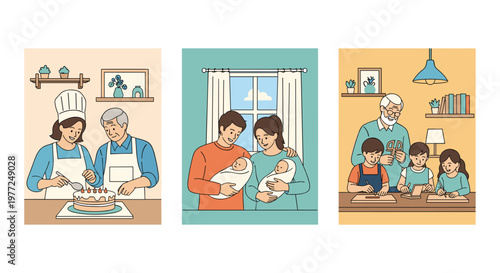 Three heartwarming scenes show family life including an older couple baking, parents with twin babies, and a grandfather helping children.