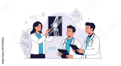 Team of three medical professionals in white coats carefully examine a knee x-ray film to discuss a patient diagnosis.