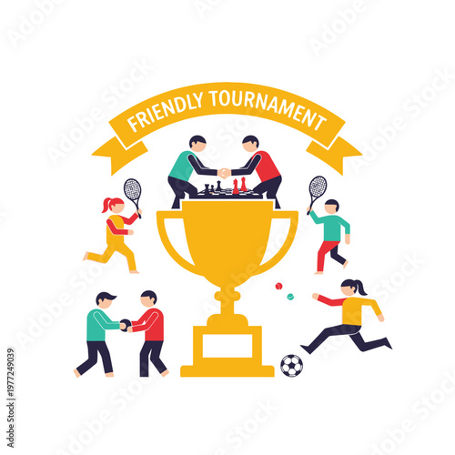 Children and adults playing sports and games, celebrating victory with trophy