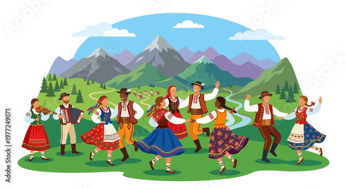 A vibrant group of people in traditional clothing celebrating outdoors