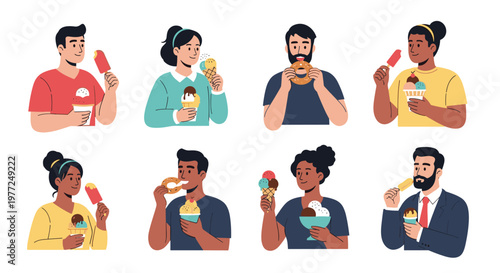 Collection of eight diverse people shown enjoying various flavors of ice cream cones, sundaes, and sweet treats.