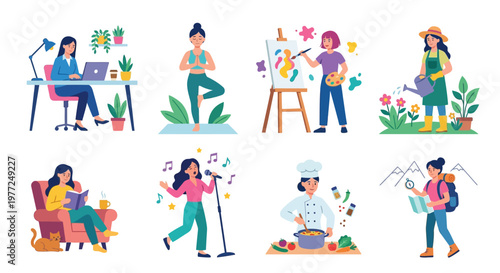 Diverse women engaging in various hobbies and creative pursuits indoors and out