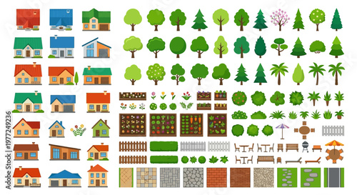 Colorful collection of houses trees plants and garden elements in vector style