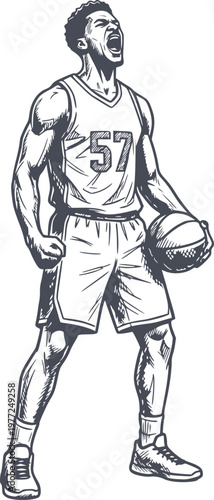 navy blue basketball player shouting in victory hand drawn style illustration with black fills and no white fills included