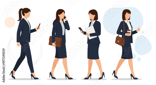 Four professional business women in elegant dark suits walk confidently while holding phones, coffee, and briefcases.