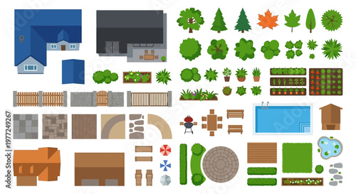 Aerial view of various landscape elements and building rooftops