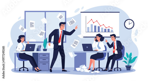 Furious boss shouts at his stressed office employees while papers fly around the room during a chaotic business meeting.