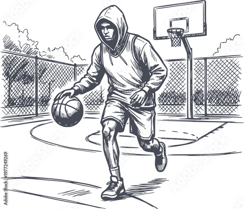 hand drawn illustration of a basketball player in a hoodie dribbling on an outdoor court in black and navy dark tones with no white fills