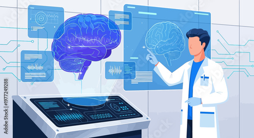 Advanced neurological research interface, scientist analyzes brain scan data in a futuristic