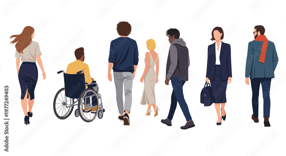 Fototapeta premium Diverse group of people including a man in a wheelchair and a woman with a bag are seen walking away from the viewer.