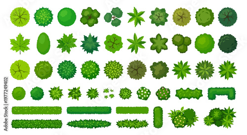 Aerial view of various green trees and shrubs in a pattern