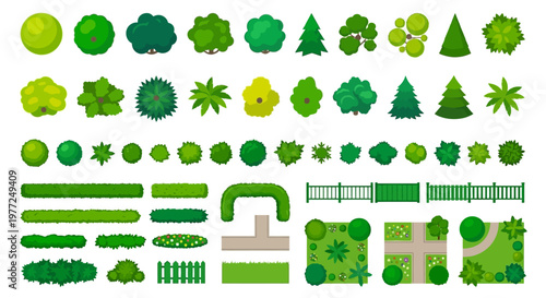 A collection of colorful top down views of trees shrubs and landscape elements