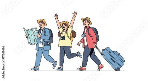 Three excited young travelers carry backpacks and a suitcase while looking at a map and cheering for their new adventure.