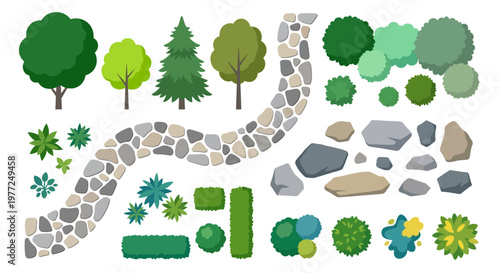 Top down view of colorful trees shrubs and a winding stone pathway