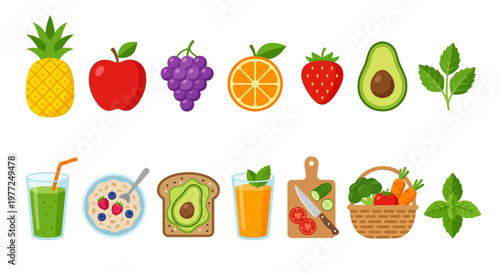 Colorful assortment of fresh fruits vegetables and healthy food items