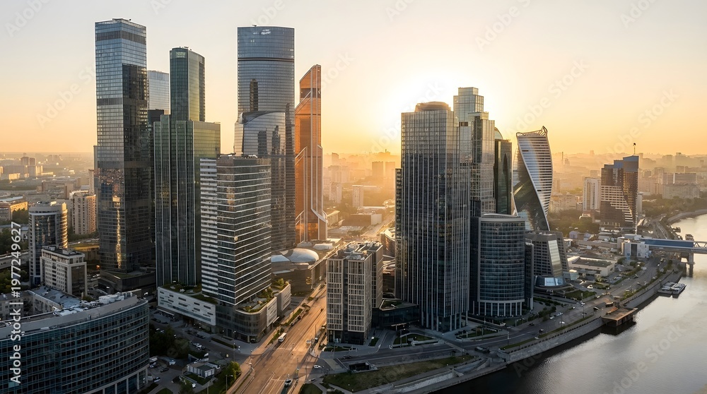 Obraz premium A sprawling modern cityscape with numerous sleek skyscrapers bathed in the warm golden light of sunset overlooking a river