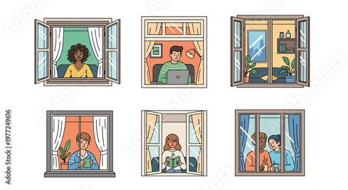 Six panels show various people inside their apartment windows engaged in daily activities like reading and working.