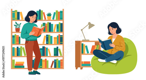 Two women enjoy reading books in a cozy book filled room