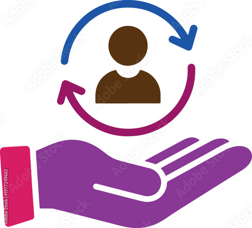 Human resources management and employee care with hand and circular arrows symbol