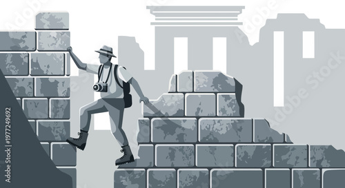 Adventurous tourist exploring ancient ruins and capturing memorable moments of the past