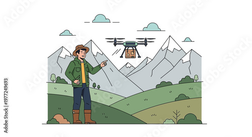 Aerial Delivery Innovation: Rural Landscape with Drone Delivering Package to Farmer