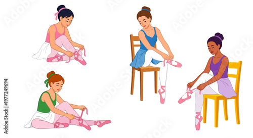 Four young ballerinas tying their pink ballet shoes preparing to dance