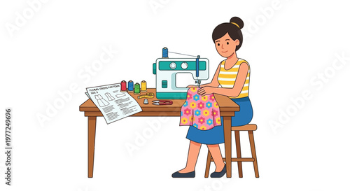 Young woman happily sewing a colorful floral patterned garment at home
