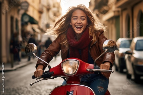 Young woman laughing while riding a red scooter through a charming city street at sunset