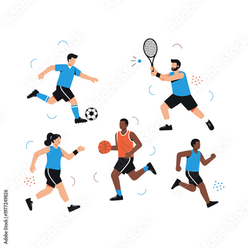 Diverse People Playing Sports: Soccer, Basketball, Tennis, Running