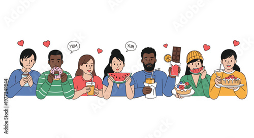 Group of diverse young adults enjoying a variety of delicious snacks and drinks together while sharing a fun social moment with friends.