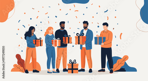 Celebration scene with a diverse group of friends holding wrapped gift boxes while colorful confetti falls during a joyful holiday or party.