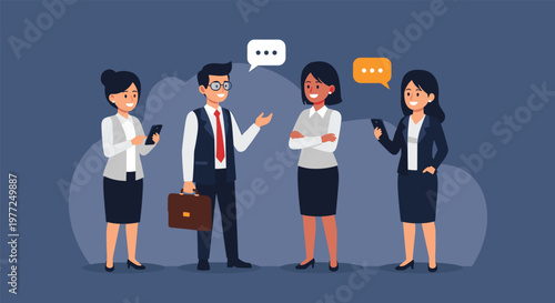 Professional colleagues in formal attire engaged in a productive conversation and networking session within a modern business office environment.