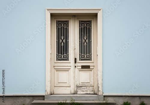 A vintage double entrance showcasing intricate ironwork and classic panel design stands out against the pastel facade, evoking a sense of history, while adding architectural beauty, and offering