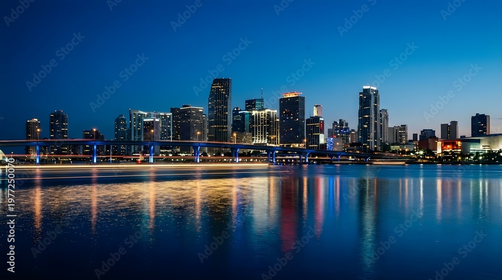 Fototapeta premium Modern city skyline illuminated at night with reflections in the water