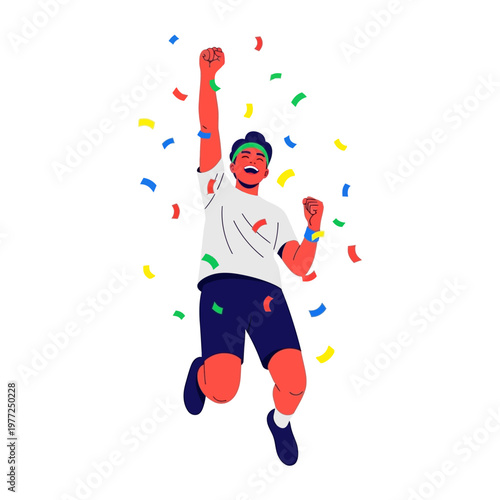 Man Celebrating Victory with Confetti Falling, Cheering and Jumping in Joy