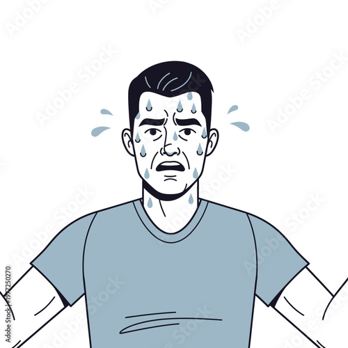 Man sweating profusely from stress or heat, worried expression, illustration