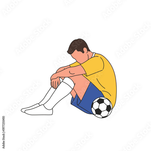 Sad Soccer Player Sitting Down with Ball, Disappointment, Defeat, Sports Illustration