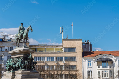 National Assembly Square with the equestrian monument of Tsar Alexander II the Liberator, significant historical landmark in the center of Sofia, Bulgaria.